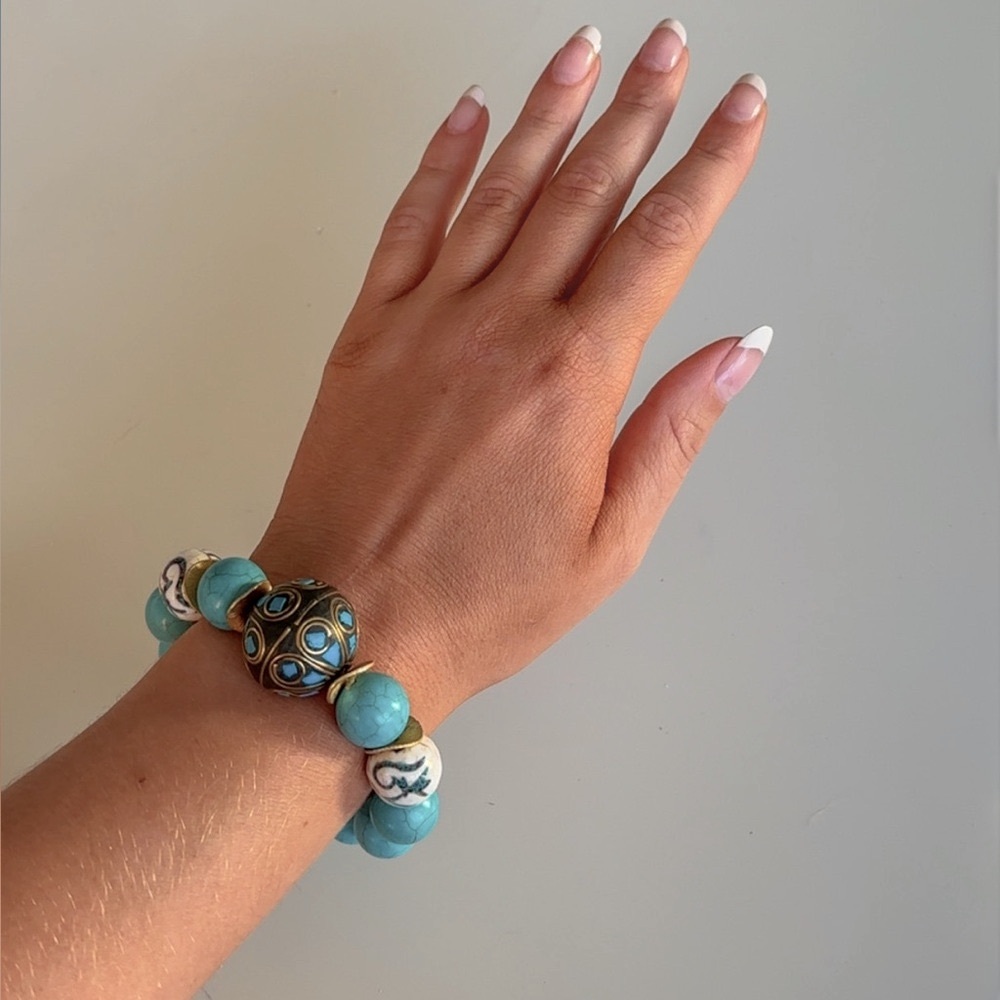 Vintage Turquoise, Gold and White Enamel Beaded Bracelet